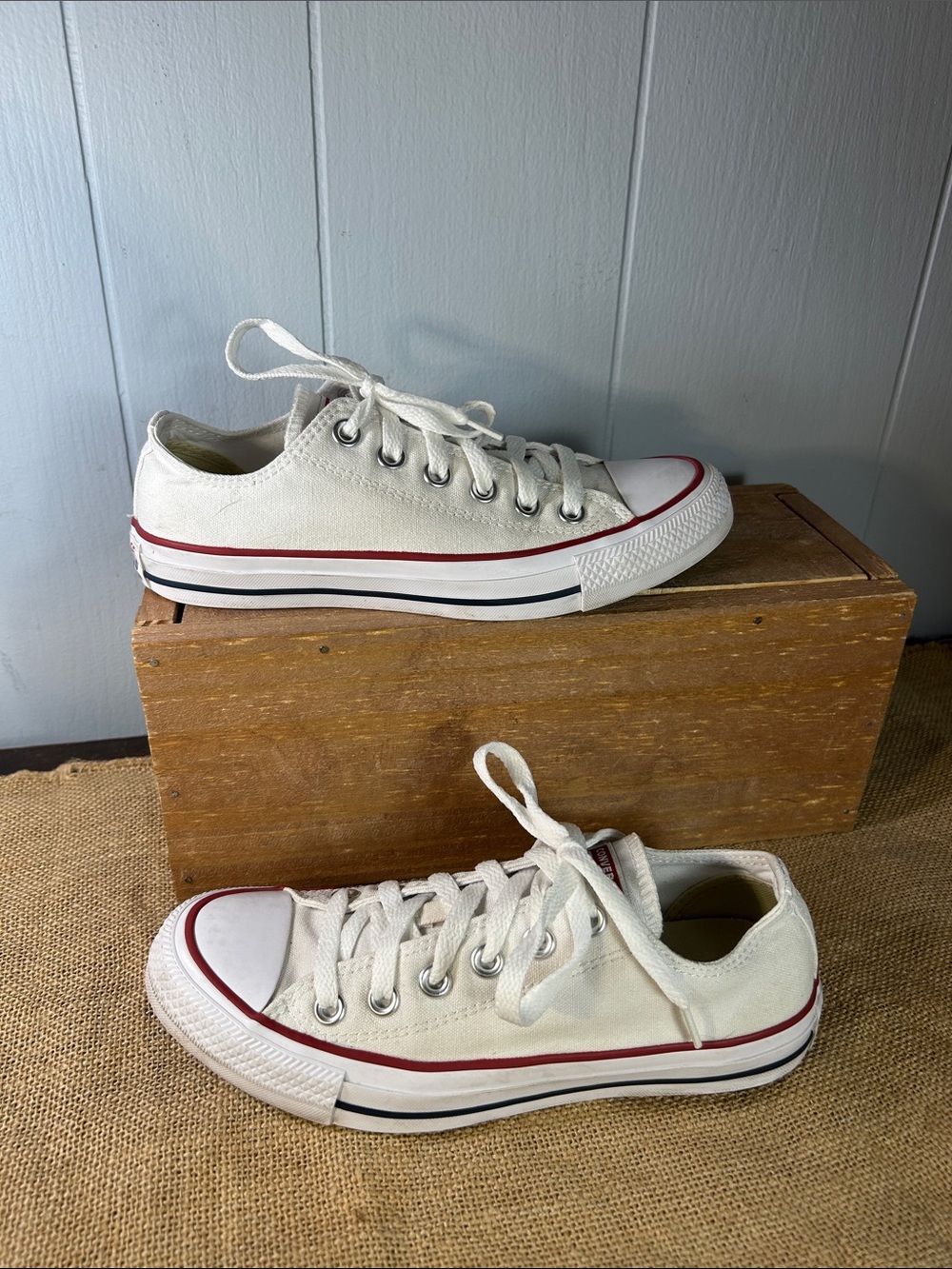 Converse White Canvas Low-Top Sneakers with Red Trim